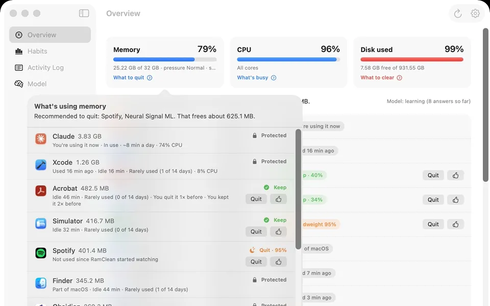 RamClean’s window: memory, CPU and disk at the top, and a list of what’s using memory, with each app marked Protected, Keep or Quit and a one-click Quit